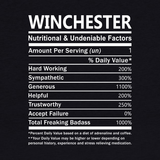 Winchester Name T Shirt - Winchester Nutritional and Undeniable Name Factors Gift Item Tee by nikitak4um